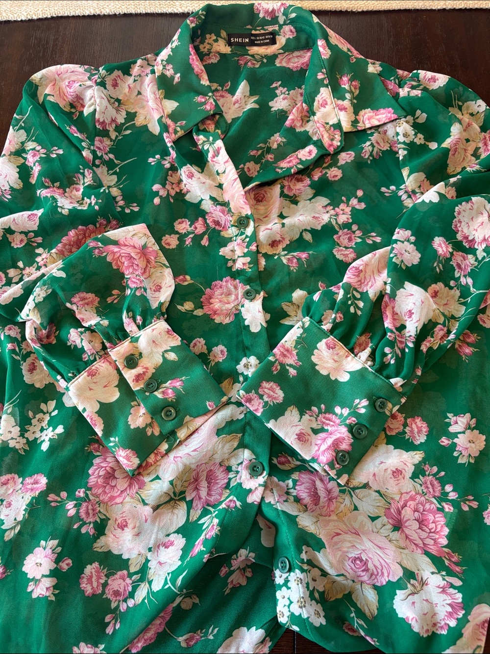 SHEIN Green Floral Button-Front women’s top with Pink & Cream Blooms